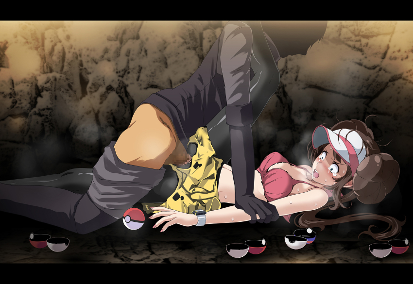 1boy 1girl arm_grab bare_arms black_gloves black_pantyhose blue_eyes blush bra breasts brown_hair censored clothes_pull clothing_aside crying crying_with_eyes_open double_bun elbow_gloves game_freak gloves grey_pants grey_shirt hair_bun hetero highres leg_lift letterboxed long_hair lying master_ball medium_breasts mosaic_censoring nintendo on_back open_poke_ball pants pants_pull pantyhose pantyhose_under_shorts penis pink_bra poke_ball pokemon pokemon_bw2 rape rosa_(pokemon) scared sex shirt shorts shorts_aside strap_gap team_plasma team_plasma_grunt tears torn_clothes torn_legwear tsukishiro_saika twintails underwear vaginal visor_cap yellow_shorts
