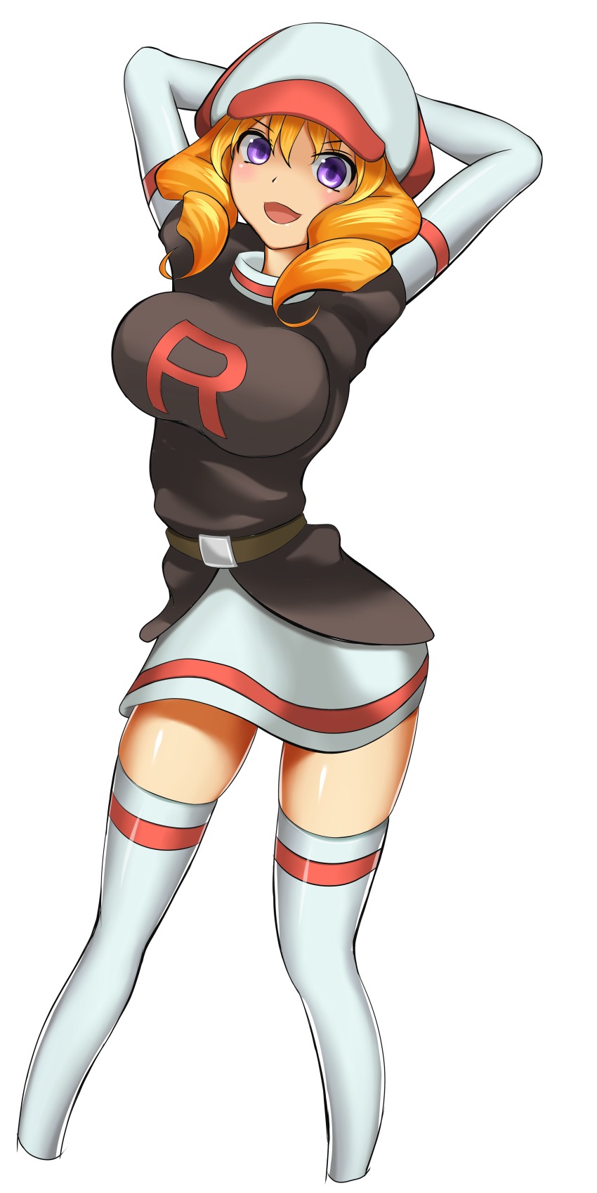 1girl absurdres arms_behind_head blonde_hair boots breasts clothes_writing domino_(pokemon) drill_hair elbow_gloves female_focus gloves hat highres large_breasts miniskirt nintendo open_mouth pokemon pokemon_(anime) purple_eyes short_hair skindentation skirt smile solo team_rocket thigh_boots thighhighs white_thighhighs zettai_ryouiki