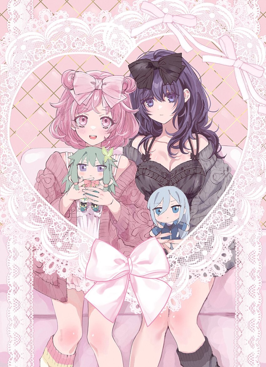 2girls anmin_dreamingribbon_(project_sekai) argyle_background argyle_clothes asahina_mafuyu bare_shoulders black_bow black_camisole bow breasts camisole cardigan character_doll cleavage collarbone doily doll double_bun grey_cardigan hair_bow hair_bun heart highres holding holding_doll kneehighs knees_together_feet_apart kusanagi_nene large_breasts long_hair looking_at_viewer loose_socks mafuyusdil multiple_girls off_shoulder ootori_emu open_cardigan open_clothes pink_background pink_cardigan pink_eyes pink_hair project_sekai purple_eyes purple_hair short_hair side-by-side single_sock sitting socks white_camisole yoisaki_kanade