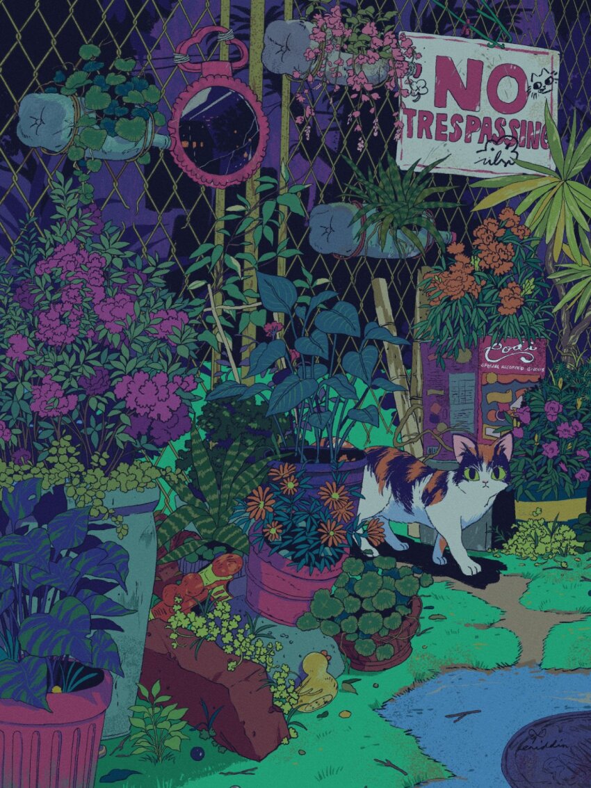 animal animal_focus brick bush cat chain-link_fence commentary english_commentary english_text eniddin fence flower grass highres hydrangea leaf nature no_humans original outdoors plant potted_plant purple_flower rock rubber_duck scenery sign tree vines
