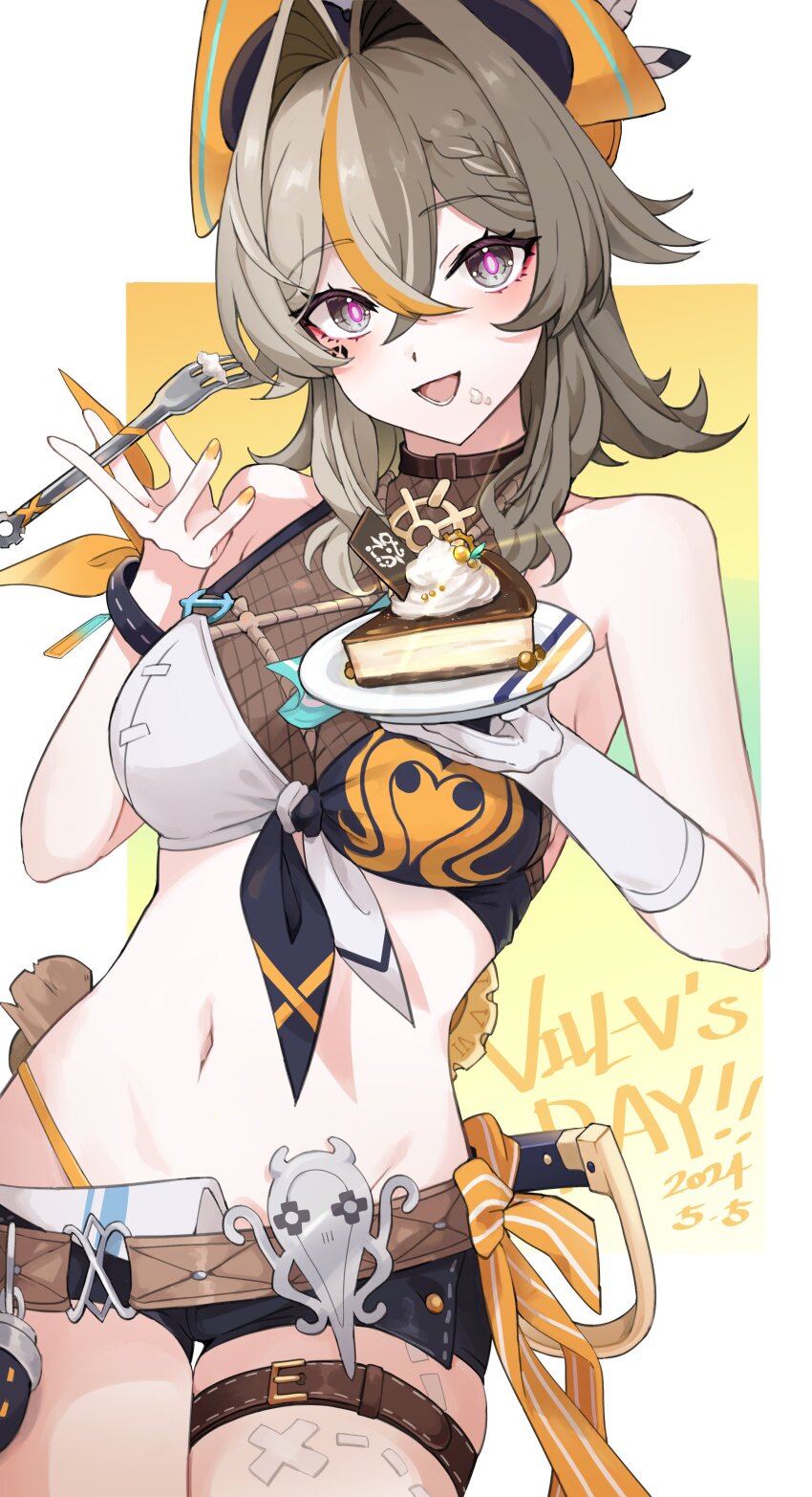 1girl 2024 absurdres awe_(adorableduckyy) bare_shoulders belt bikini bikini_top_only black_shorts bow bracelet braid brown_belt brown_hair cake cake_slice cowboy_shot crumbs cuirass dated english_text facial_mark fishnet_fabric food fork gears gloves grey_eyes hair_between_eyes hair_intakes hand_up hat_feather highres holding holding_fork holding_plate honkai_(series) honkai_impact_3rd jewelry leather_strap light_blush looking_at_viewer nail_polish navel open_mouth orange_background pink_pupils plate short_shorts shorts sidelocks single_braid single_glove solo standing stomach swimsuit thigh_strap thighs vill-v vill-v_(i&#039;m_the_storm) white_background white_gloves yellow_bow yellow_nails