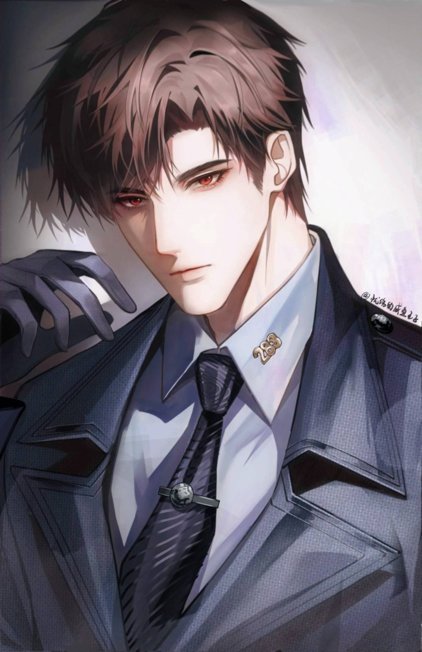 1boy black_gloves black_jacket black_necktie brown_hair chinese_commentary closed_mouth collared_shirt curtained_hair diagonal-striped_clothes diagonal-striped_necktie expressionless gloves hand_up highres jacket lapels light_and_night_love lips lu_chen male_focus necktie notched_lapels red_eyes shadow shirt short_hair simple_background solo striped_clothes swept_bangs tie_clip upper_body white_background white_shirt youshangdexianyuwangzi