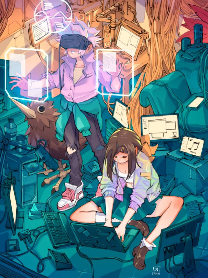 1boy 1girl aqua_skirt aqua_sweater armchair artist_logo bird black_pants book book_stack bottle bow breasts brown_hair brown_shoes cable can cd cd_case cellphone chair cleavage clothes_around_waist commentary computer computer_keyboard computer_tower crop_top dated drink_can floppy_disk glowing_lines hair_bow head-mounted_display high_collar highres holographic_interface holographic_touchscreen hunched_over indoors jacket kiwi_(bird) laptop logo long_hair looking_at_screen looking_down monitor multicolored_jacket multiple_monitors musical_note on_floor orange_bow original pants parted_lips phone pink_hair pink_shirt pleated_skirt shirt shoes short_hair simz sitting skirt smartphone socks soda_can spiked_hair standing sweater sweater_around_waist table typing unbuttoned unbuttoned_shirt water_bottle white_shirt white_shoes white_socks windows_logo yellow_shirt