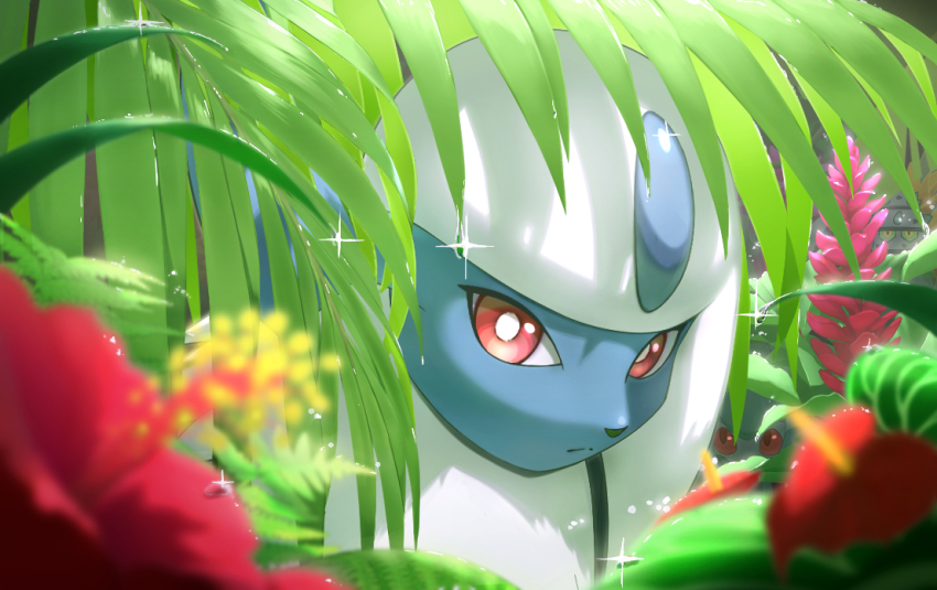 absol blurry blurry_foreground bright_pupils closed_mouth commentary_request day ferroseed flower gen_3_pokemon gen_5_pokemon kegakimaru leaf nintendo no_humans outdoors pokemon pokemon_(creature) red_eyes red_flower sparkle water_drop white_pupils
