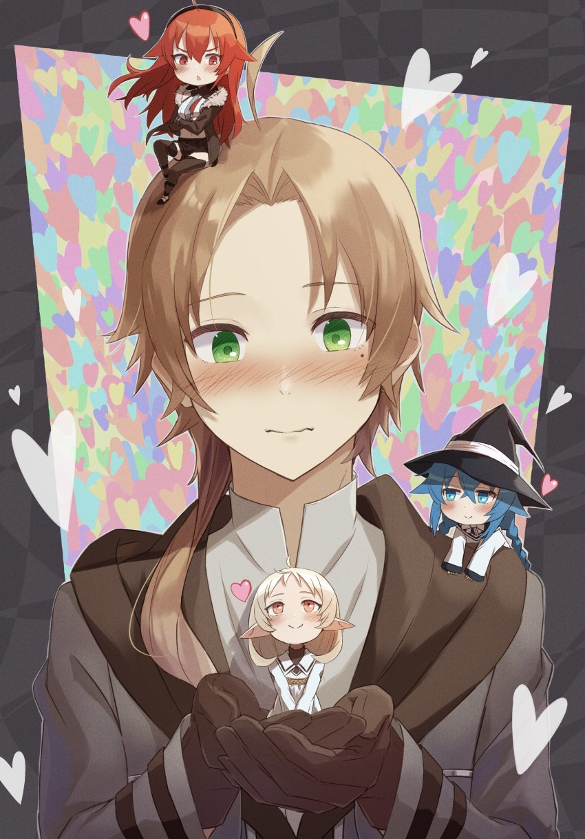 1boy 3girls absurdres ahoge black_hairband black_headwear blue_eyes blue_hair blush braid breasts brown_hair chibi closed_mouth crossed_bangs elf eris_greyrat hair_between_eyes hairband hanging_on_another hat heart heart_background highres jacket long_hair long_sleeves multiple_girls mushoku_tensei nakami_chihiro navel open_mouth pointy_ears red_eyes red_hair roxy_migurdia rudeus_greyrat short_hair sitting_on_shoulder small_breasts smile sylphiette_(mushoku_tensei) tsurime twin_braids white_hair witch_hat
