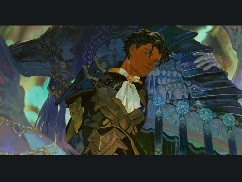 1boy arm_around_neck arm_up armor armored_animal ascot black_hair braid claude_von_riegan closed_mouth dark-skinned_male dark_skin dragon fire_emblem fire_emblem:_three_houses gloves green_eyes harikoma1010 letterboxed looking_to_the_side male_focus nintendo short_hair short_sideburns side_braid sideways_glance single_braid solo tassel white_ascot white_gloves wyvern
