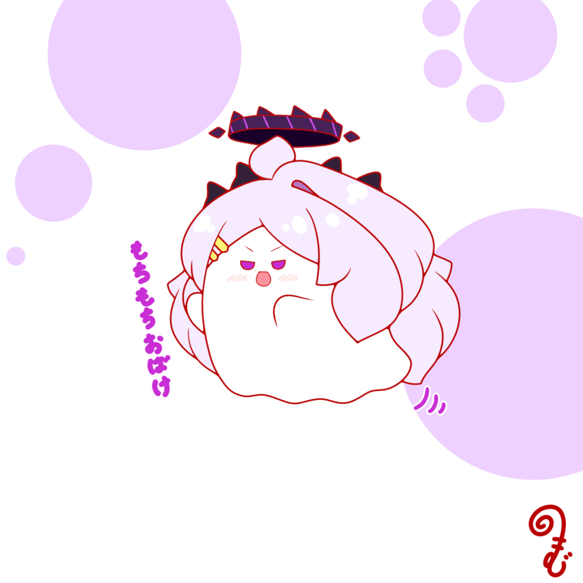 :d ahoge blue_archive blush chibi ghost grey_hair hair_ornament hairclip halo highres hina_(blue_archive) horns kurukurumagical long_hair motion_lines open_mouth outstretched_arms parted_bangs purple_eyes single_hair_intake smile solo translation_request v-shaped_eyebrows very_long_hair white_background