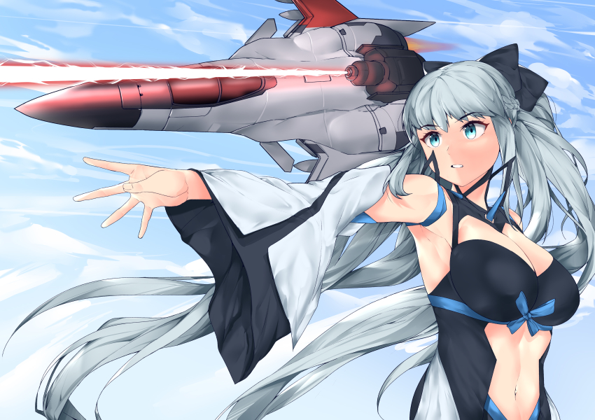 1girl absurdres ace_combat ace_combat_zero adfx-02_morgan armpits artist_request black_bow blue_eyes bow braid breasts cannon cleavage clothing_cutout cloud cloudy_sky commentary detached_sleeves directed-energy_weapon electricity energy energy_beam energy_cannon energy_weapon english_commentary fate/grand_order fate_(series) firing half_up_braid highres large_breasts laser laser_cannon laser_weapon midriff morgan_le_fay_(fate) morgan_le_fay_(second_ascension)_(fate) name_connection navel outstretched_arm platinum_blonde_hair prototype_design red_electricity red_laser sky stomach_cutout tactical_laser_system upper_body zoisite_(ace_combat)