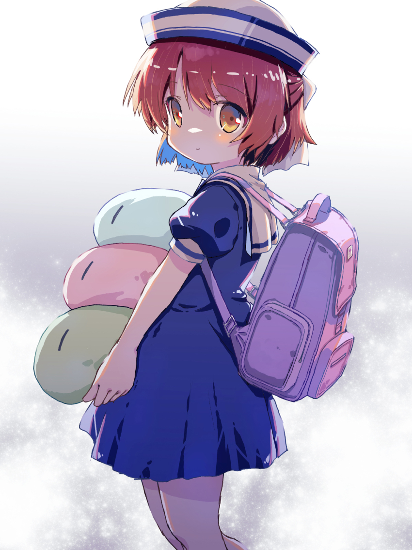 1girl akayama_yukihe backpack bag blue_dress blush brown_eyes brown_hair child clannad closed_mouth commentary cowboy_shot dango_daikazoku dress from_side grey_background hair_between_eyes half_updo hat highres holding holding_stuffed_toy kindergarten_uniform light_smile looking_at_viewer okazaki_ushio puffy_short_sleeves puffy_sleeves sailor_collar sailor_hat school_uniform serafuku short_dress short_hair short_sleeves simple_background solo standing stuffed_toy white_hat white_sailor_collar |_|