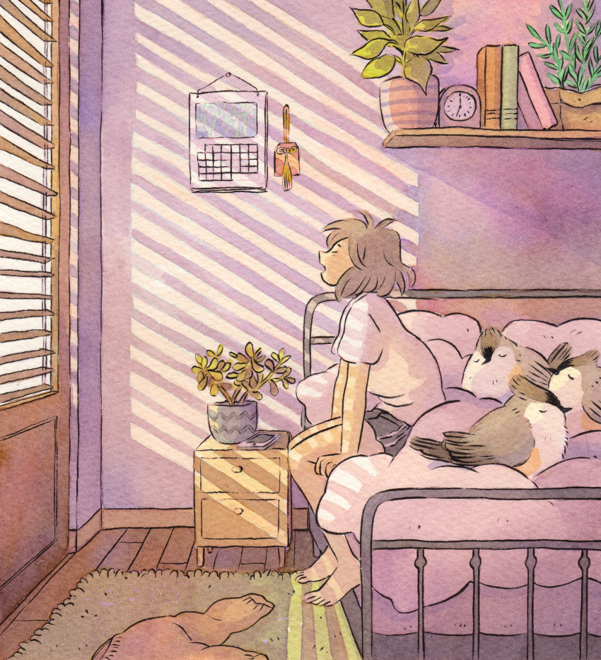 1girl absurdres barefoot bed bird book brown_hair calendar_(object) cellphone clock closed_eyes commentary_request drawer heikala highres indoors medium_hair on_bed open_mouth original phone pillow plant potted_plant profile rug shirt short_sleeves shorts sitting solo white_shirt window window_blinds window_shadow yawning