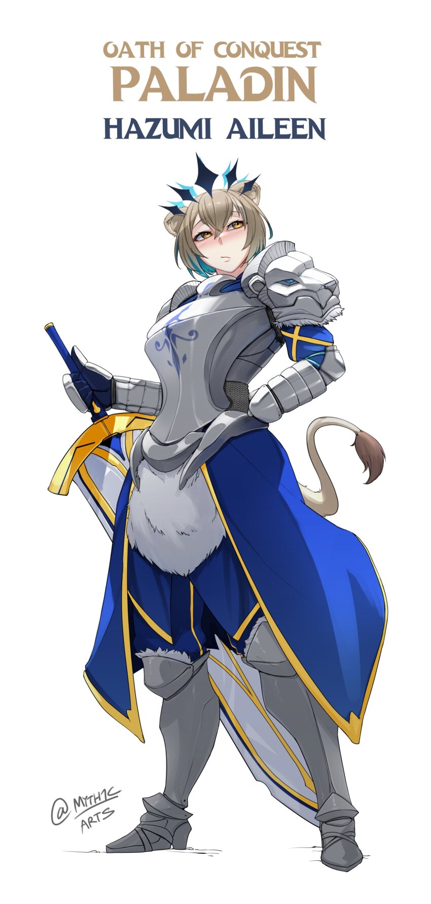 1girl absurdres animal_ear_fluff animal_ears armor armored_boots blue_hair blue_pants boots breastplate chainmail character_name closed_mouth colored_inner_hair dungeons_&amp;_dragons english_text fur-trimmed_boots fur_trim gauntlets hazumi_aileen highres holding holding_sword holding_weapon indie_virtual_youtuber light_brown_hair lion_ears lion_girl lion_tail multicolored_hair myth1carts pants pauldrons short_hair shoulder_armor solo streaked_hair sword tail twitter_username virtual_youtuber weapon yellow_eyes