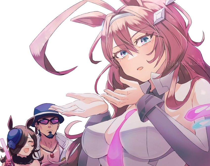 animal_ears antenna_hair between_breasts blue_headwear breasts brown_hair cleavage detached_sleeves fedora hairband hat highres horse_ears horse_girl jewelry large_breasts mihono_bourbon_(umamusume) mini_hat n@na necklace necktie necktie_between_breasts open_mouth pink_necktie rice_shower_(umamusume) sunglasses trainer_kuronuma twitter_username umamusume white_background white_hairband