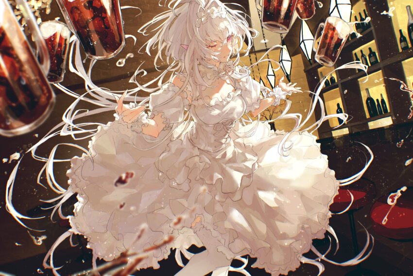 1girl alcohol bar_(place) bar_stool beer beer_mug blurry bottle bridal_gauntlets cleavage_cutout clothing_cutout corset counter cross-laced_clothes cross-laced_corset cup depth_of_field detached_sleeves dirndl dress fate/grand_order fate_(series) frilled_hairband frills german_clothes hair_between_eyes hair_intakes hairband hands_up hanging_light highres indoors lady_avalon_(event_portrait)_(fate) lady_avalon_(fate) long_hair looking_at_viewer merlin_(fate/prototype) mug one_eye_closed open_mouth pink_eyes puffy_detached_sleeves puffy_sleeves shelf short_sleeves sleeveless sleeveless_dress smile solo stool thighhighs uda_(xax_057) white_corset white_dress white_hair white_hairband white_thighhighs wrist_cuffs