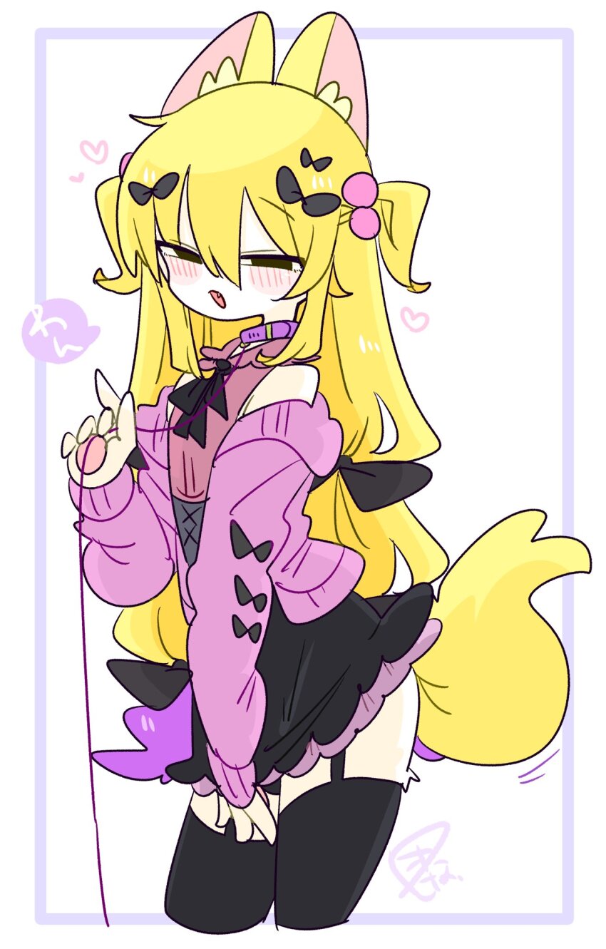 1boy animal_ear_fluff animal_ears bare_shoulders beads black_bow black_corset black_eyes black_panties black_ribbon black_skirt black_thighhighs blonde_hair blush bow bulge cardigan collar collared_shirt colored_tips commentary corset cowboy_shot crossdressing crossdressing_(mtf) dog_boy dog_ears dog_tail fang frilled_shirt_collar frills from_side furrification furry furry_male garter_straps hair_beads hair_between_eyes hair_bow hair_ornament hand_up heart highres holding holding_leash kapela_(op_na_yarou) leash long_hair long_sleeves male_focus miniskirt multicolored_hair multiple_hair_bows narrowed_eyes neck_ribbon no_nose off_shoulder op_na_yarou open_cardigan open_clothes open_mouth original panties panty_peek pink_cardigan pink_collar pink_shirt purple_hair raised_eyebrows ribbon shirt sidelocks simple_background skirt sleeveless sleeveless_shirt sleeves_past_fingers sleeves_past_wrists solo speech_bubble standing tail thighhighs thighs trap two-tone_hair two_side_up underwear very_long_hair watermark white_background yellow_tail