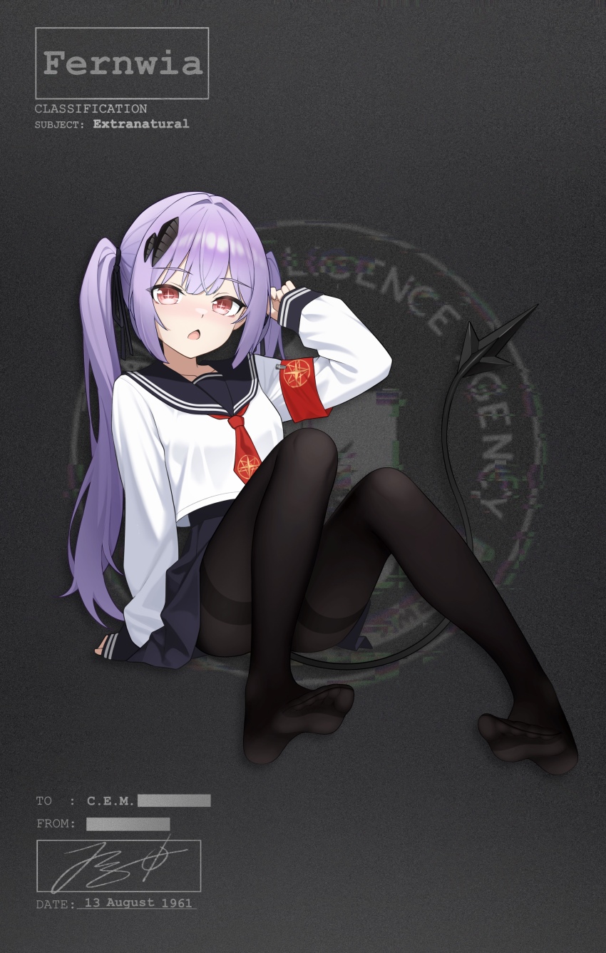 +_+ 1girl :o absurdres adversarial_noise arm_support armband bar_censor black_pantyhose black_ribbon black_sailor_collar black_skirt black_tail blue_hair breasts brown_eyes brown_hair censored central_intelligence_agency character_name collarbone commentary dated demon_girl demon_tail emblem english_commentary english_text feet full_body glitch hair_tie hand_up highres jerry_wang long_hair long_sleeves necktie open_mouth original pantyhose pleated_skirt red_armband red_necktie ribbon sailor_collar school_uniform serafuku shirt shoes sidelocks signature sitting skirt small_breasts smile soles solo symbol-shaped_pupils tail toes twintails white_shirt