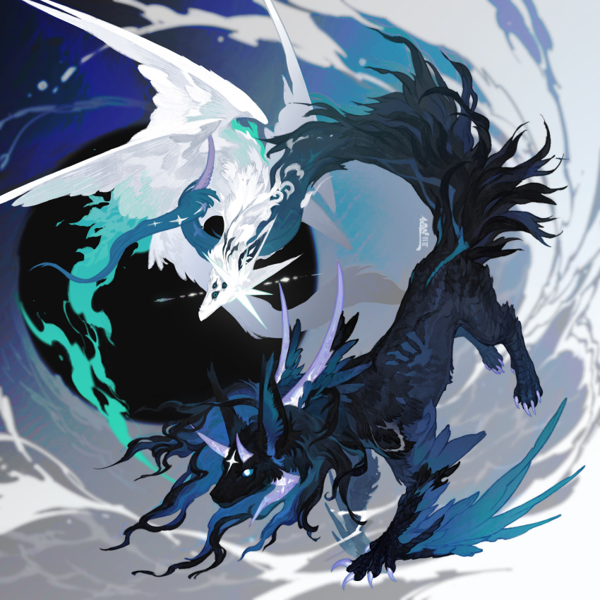 absurdres animal_ears black_fur black_sclera blue_eyes blue_feathers blue_fire blue_sclera claws colored_sclera extra_eyes feathers fire highres horns long_tail microw monster monster_focus multiple_horns multiple_wings no_humans original purple_horns signature tail white_fur white_wings wings