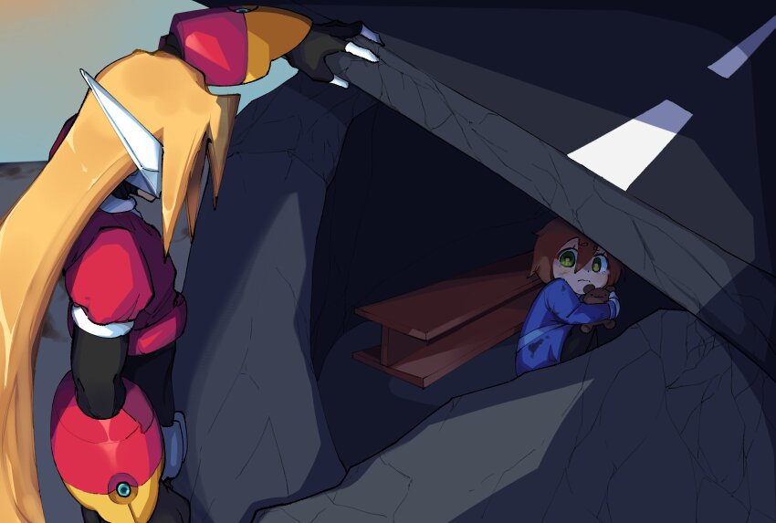 1boy 1girl aile_(mega_man_zx) armor blonde_hair brown_hair child ghosty_entity girouette_(mega_man) green_eyes highres holding holding_stuffed_toy long_hair mega_man_(series) mega_man_zx model_z_(mega_man) power_armor red_armor short_hair stuffed_toy