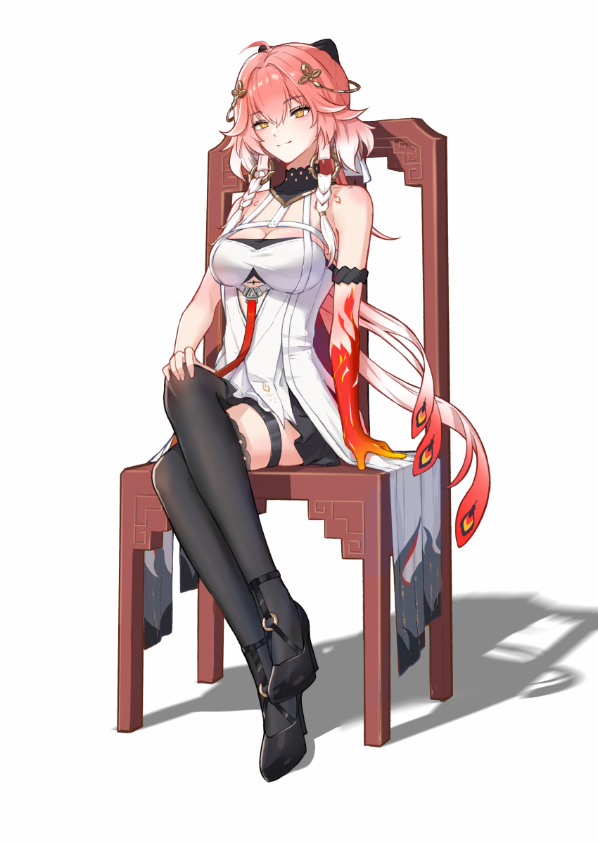 1girl absurdres ahoge bare_shoulders black_bow black_collar black_footwear black_thighhighs body_markings bow breasts bright_pupils changli_(wuthering_waves) chinese_commentary cleavage closed_mouth collar colored_extremities commentary crossed_legs dress feather_hair hair_between_eyes hair_bow hair_ornament halterneck hand_on_own_knee high_heels highres large_breasts long_hair looking_at_viewer multicolored_hair no_jacket on_chair pink_hair red_hands simple_background sitting smile solo tacet_mark_(wuthering_waves) thigh_strap thighhighs two-tone_hair very_long_hair white_background white_bow white_dress white_hair white_pupils wuthering_waves xiaoyu_yao_(htx1993601) yellow_eyes