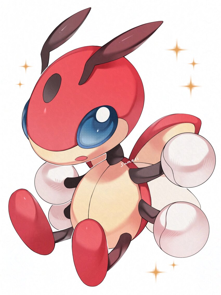 antennae blue_eyes bug extra_arms full_body gen_2_pokemon highres insect_wings iwasi_29 ledian nintendo no_humans open_mouth pokemon pokemon_(creature) simple_background sparkle white_background wings