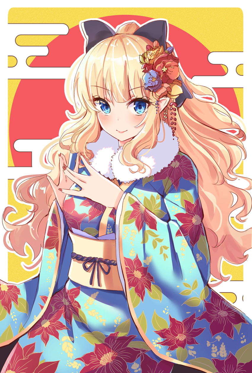 1girl absurdres black_bow blonde_hair blue_eyes blue_flower blue_kimono blush bow brown_flower closed_mouth commentary_request egasumi floral_print flower fur_collar hair_bow hair_flower hair_ornament highres holmemee japanese_clothes kimono long_hair long_sleeves looking_at_viewer nail_polish pointy_ears ponytail princess_connect! print_kimono red_background red_flower red_nails saren_(princess_connect!) smile solo two-tone_background very_long_hair wide_sleeves yellow_background