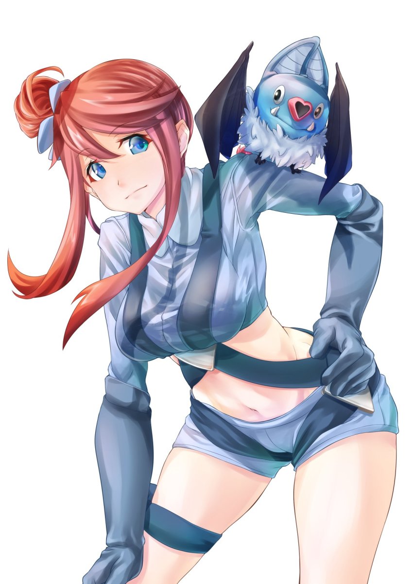 1girl animal animal_on_shoulder bad_id bad_twitter_id black_gloves blue_eyes blue_shirt blue_shorts breasts closed_mouth contrapposto cowboy_shot crop_top elbow_gloves gen_5_pokemon gloves gym_leader hair_bun hair_ornament hand_on_own_hip hand_on_own_knee highres hip_focus leaning_forward light_smile long_hair long_sleeves looking_at_viewer medium_breasts midriff navel nintendo pokemon pokemon_(creature) pokemon_bw red_hair shio_pasta shirt short_shorts shorts side_bun sidelocks single_side_bun skyla_(pokemon) standing stomach swept_bangs swoobat thigh_strap
