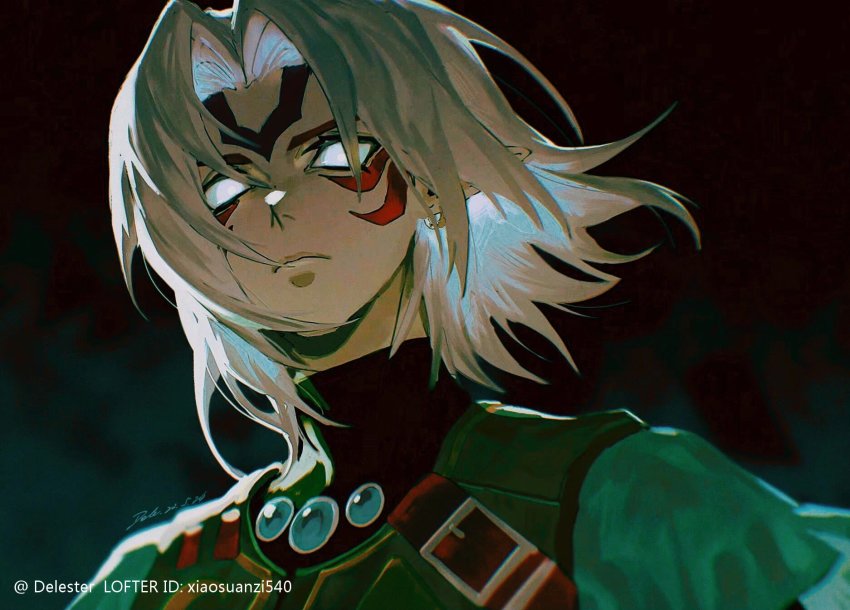 1boy closed_mouth collared_jacket dark dele14375735 earrings empty_eyes fierce_deity glowing glowing_eyes green_tunic hair_between_eyes highres jacket jewelry link looking_at_viewer male_focus mask mask_on_head nintendo pointy_ears science_fiction single_earring solo the_legend_of_zelda the_legend_of_zelda:_majora&#039;s_mask tunic white_hair wind