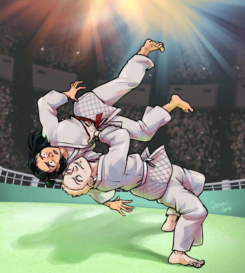 2014 2girls anna_teleshikova barefoot belt black_hair black_theme blonde_hair dougi highres inokuma_yawara jeinu judo martial_arts martial_arts_belt multiple_girls open_mouth red_belt smile stadium surprised throwing wide-eyed yawara_a_fashionable_judo_girl