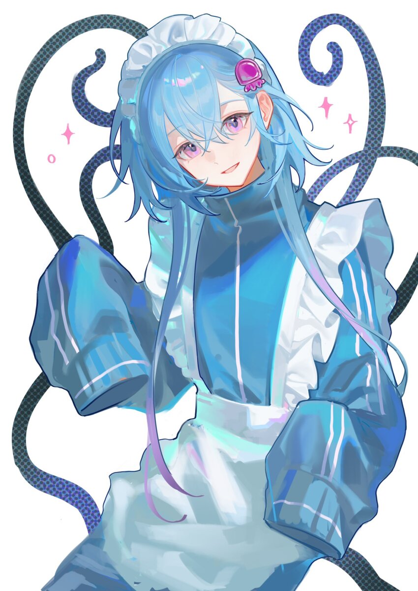 1boy :d alternate_costume apron arknights blue_hair blue_jacket frilled_apron frills hannhi_1005 hashtag-only_commentary highres jacket jellyfish_hair_ornament long_hair maid maid_apron maid_headdress mizuki_(arknights) open_mouth pink_eyes simple_background sleeves_past_fingers sleeves_past_wrists smile solo track_jacket trap turtleneck turtleneck_jacket unconventional_maid white_apron white_background white_headdress