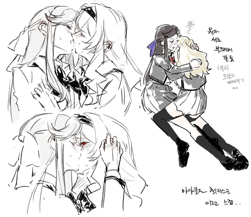 2girls 9urodine absurdres black_shoes black_socks black_thighhighs blush bow bowtie brown_hair closed_eyes cropped_torso face-to-face facing_another facing_away french_kiss full_body grey_jacket grey_skirt hair_blush hair_bow hairband half-closed_eyes half_updo hand_in_another&#039;s_hair hand_on_another&#039;s_head heads_together highres hug invisible_chair jacket kiss kneehighs korean_text loafers long_hair miniskirt multiple_girls multiple_views nose_blush open_clothes open_jacket parted_bangs partially_colored pleated_skirt profile purple_bow purple_eyes red_bow red_bowtie red_eyes saijou_claudine school_uniform seishou_music_academy_uniform shoes shoujo_kageki_revue_starlight sidelocks simple_background sitting sitting_on_person sketch skirt socks squiggle sweat tendou_maya thighhighs translation_request upper_body white_background
