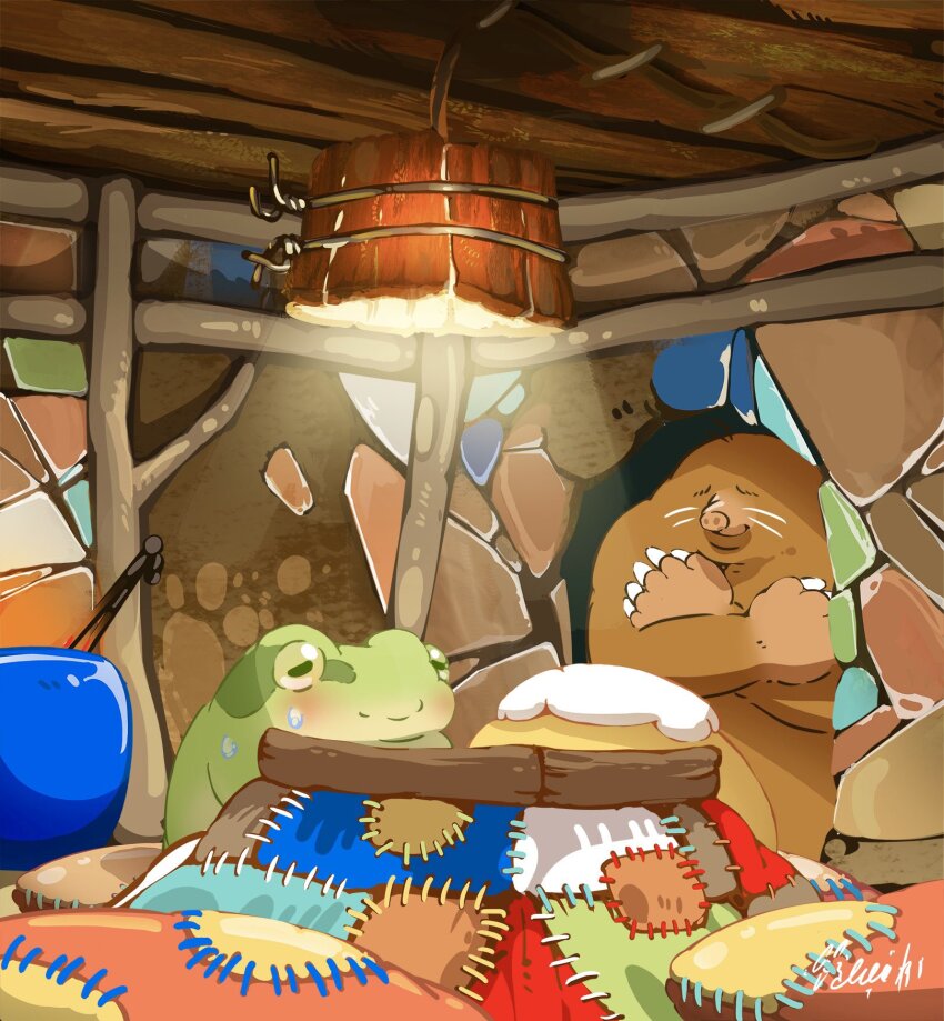 animal animal_focus baby_animal bird blanket ceiling_light chick frog hachiya_shohei highres kotatsu mole_(animal) no_humans original quilt sweat table