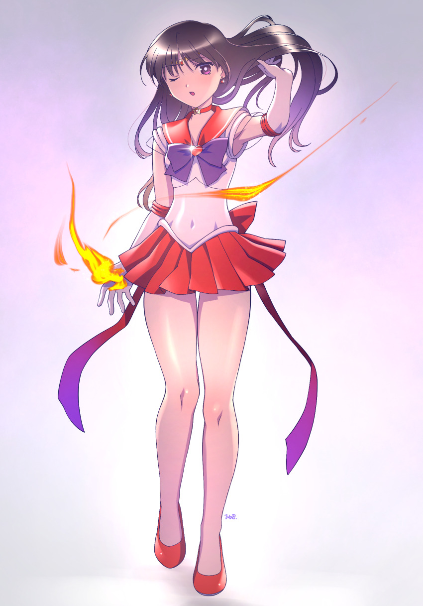 1girl back_bow bishoujo_senshi_sailor_moon black_hair bow bright_pupils choker circlet earrings elbow_gloves fire full_body gloves hair_lift heart highres himehachi_(hime8manga) hino_rei jewelry magical_girl miniskirt pleated_skirt purple_bow purple_eyes pyrokinesis red_bow red_choker red_sailor_collar red_shoes red_skirt sailor_collar sailor_mars sailor_senshi_uniform shirt shoes skirt sleeveless sleeveless_shirt solo star_(symbol) star_choker star_earrings super_sailor_mars white_gloves white_pupils white_shirt