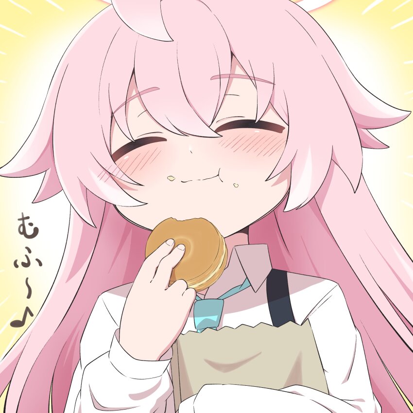 1girl :t absurdres ahoge blue_archive blue_necktie blush closed_eyes closed_mouth collared_shirt eating facing_viewer food food_on_face halo hand_up happy highres holding holding_food hoshino_(blue_archive) long_hair master_m_489 necktie pink_hair shirt smile solo striped_clothes suspenders upper_body white_shirt