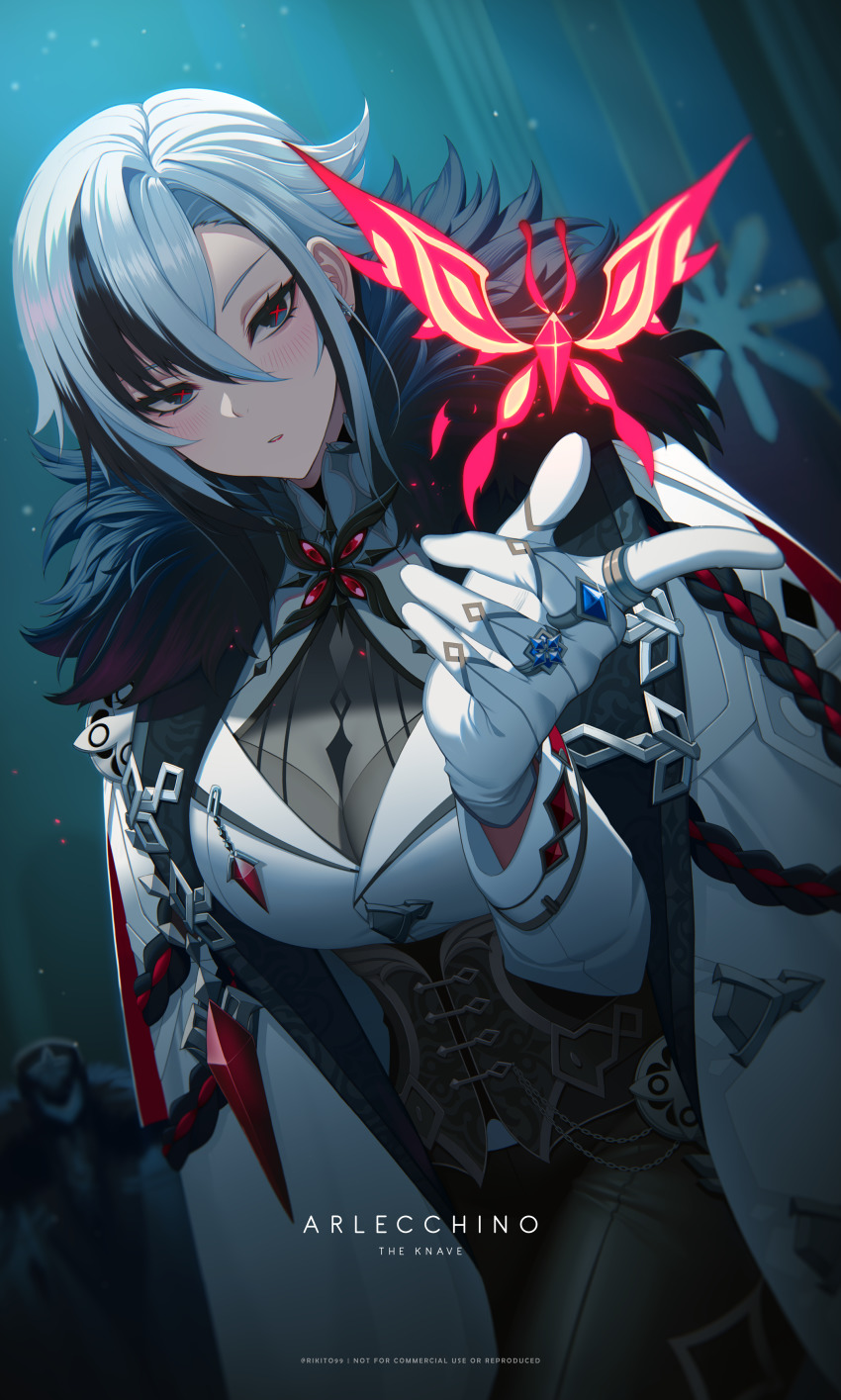 1boy 1girl absurdres arlecchino_(genshin_impact) black_hair black_pants breasts bug capitano_(genshin_impact) character_name cleavage coat coat_on_shoulders corset ear_piercing fur-trimmed_coat fur_trim genshin_impact gloves groin hair_between_eyes highres insect jewelry long_sleeves moth multicolored_hair multiple_rings open_mouth pants piercing red_pupils riki-to ring see-through_clothes see-through_cleavage short_hair solo streaked_hair symbol-shaped_pupils white_coat white_gloves white_hair x-shaped_pupils
