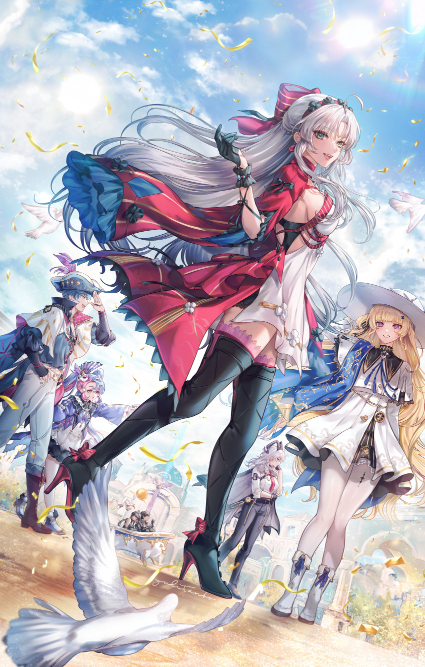2boys 5girls absurdres black_collar black_gloves black_horns black_pants blonde_hair blue_eyes blue_hair blue_shirt blue_sky boots bow brant_(wuthering_waves) breasts carlotta_(wuthering_waves) collar commentary_request curled_horns day dress dutch_angle eye_mask female_rover_(wuthering_waves) full_body gloves hair_bow hair_ornament hairband half_gloves hand_up hat high_heel_boots high_heels highres horns long_hair looking_at_viewer male_rover_(wuthering_waves) mask mask_on_head medium_breasts multicolored_hair multiple_boys multiple_girls necktie open_mouth outdoors pants pantyhose parted_bangs parted_lips phoebe_(wuthering_waves) pink_bow pink_hair pink_hairband pink_thighhighs purple_eyes red_necktie revision roccia_(wuthering_waves) rover_(wuthering_waves) shirt short_dress sky smile striped_bow sun tacet_discord_(wuthering_waves) tacet_mark_(wuthering_waves) thighhighs thighhighs_under_boots thighs tricorne two-tone_hair very_long_hair white_dress white_hair white_hat white_pants white_pantyhose white_shirt wuthering_waves x_hair_ornament yuli_(yulipo) zani_(wuthering_waves)