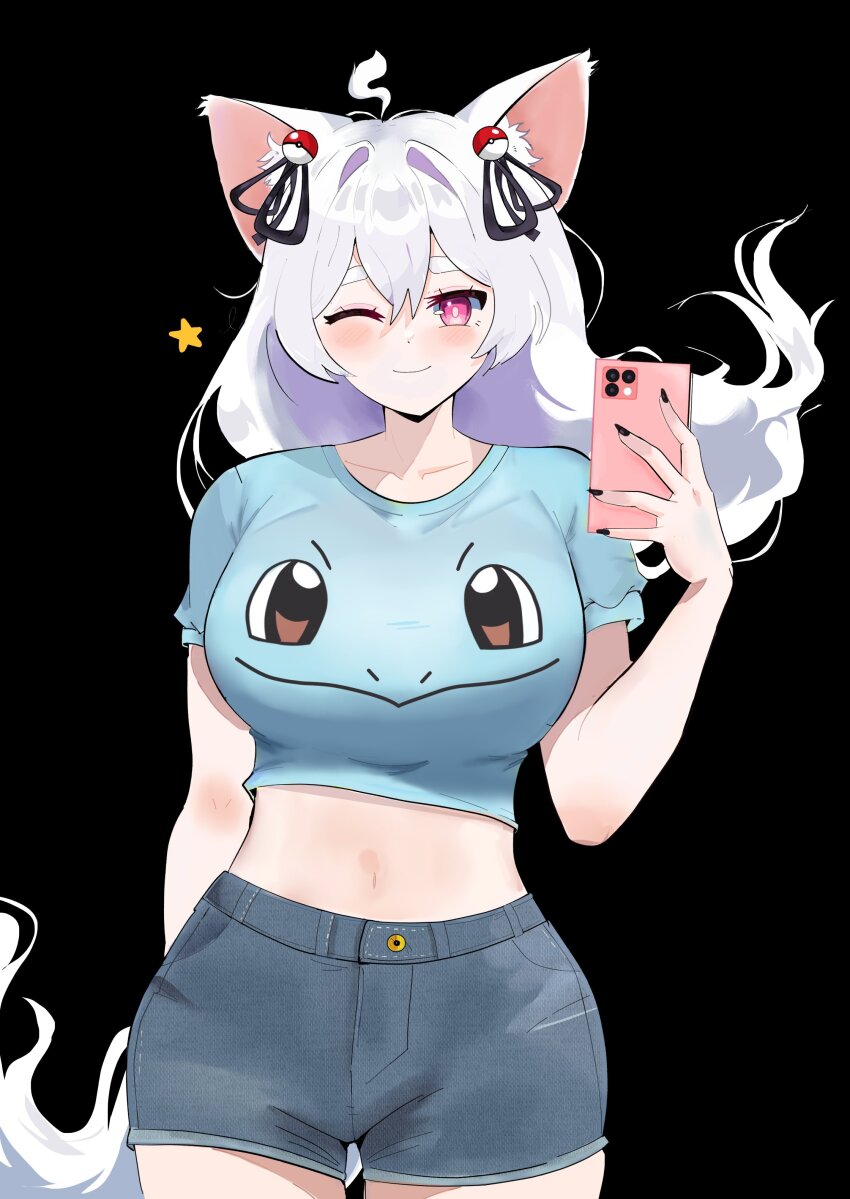 1girl absurdres ahoge animal_ears animal_print black_background blue_shirt blue_shorts cellphone fingernails fox_ears fox_girl fox_tail gen_1_pokemon hair_between_eyes highres indie_virtual_youtuber long_fingernails long_hair marko_doodles navel nintendo one_eye_closed phone pink_eyes poke_ball_hair_ornament pokemon pokemon_print pooky_boo shirt shorts solo squirtle tail virtual_youtuber white_hair wide_hips wink