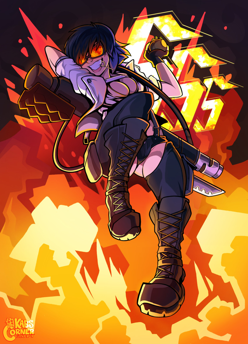 1girl absurdres artist_name black_boots black_hair boots breasts devil_may_cry_(series) devil_may_cry_5 explosion explosive goggles grenade grenade_pin grin highres holding holding_grenade holding_rocket_launcher holding_weapon jacket kabscorner kalina_ann_(weapon) lady_(devil_may_cry) micro_shorts orange_goggles rocket_launcher shorts signature smile weapon white_jacket