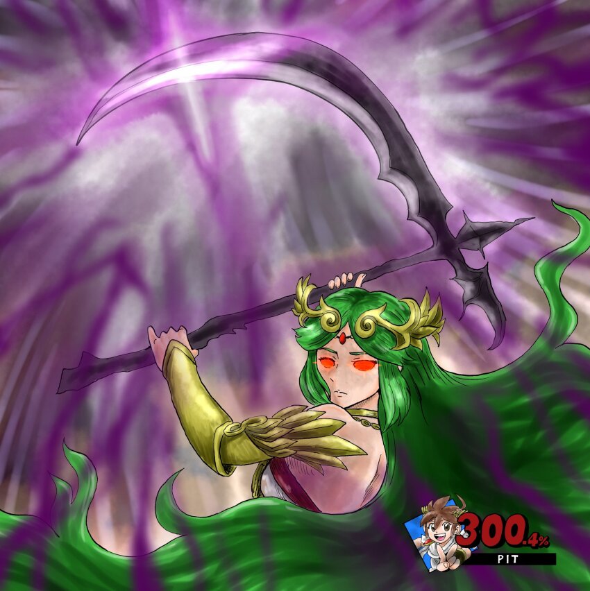 1girl ahoge chain circlet glowing glowing_eyes gold_chain green_eyes highres holding holding_scythe kicdon kid_icarus kid_icarus_uprising laurel_crown long_hair looking_at_viewer nintendo palutena percentage pit_(kid_icarus) scythe solo_focus super_smash_bros. v vambraces very_long_hair