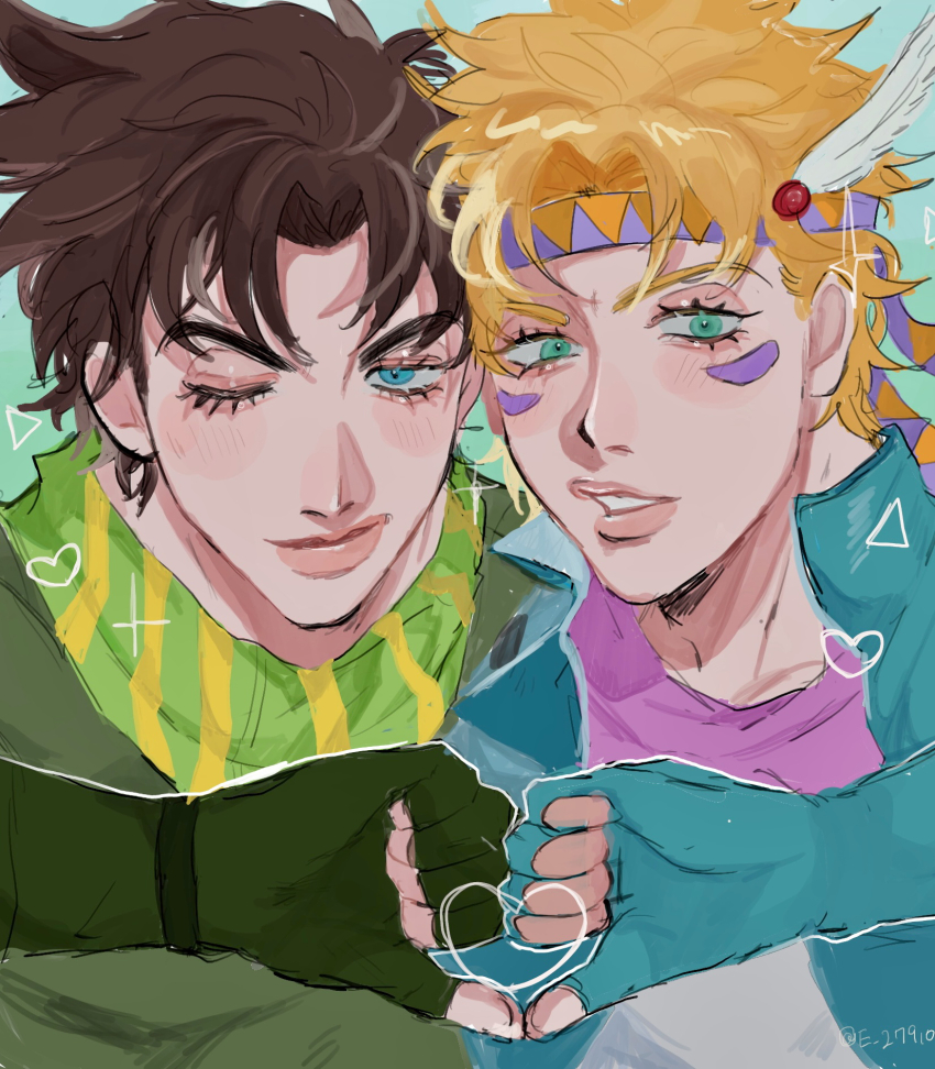 2boys aqua_gloves aqua_jacket artist_name battle_tendency blonde_hair blue_gloves brown_hair caesar_anthonio_zeppeli curly_hair facial_mark fingerless_gloves gloves green_eyes green_gloves hair_ornament hairband headband heart heart_hands highres jacket jojo_no_kimyou_na_bouken joseph_joestar male_focus matubaru_chan messy_hair multicolored_scarf multiple_boys one_eye_closed orange_hairband outline parted_lips pink_hairband pink_scarf scarf shirt short_hair sketch striped_clothes striped_scarf triangle two-tone_hairband white_outline white_shirt wing_hair_ornament