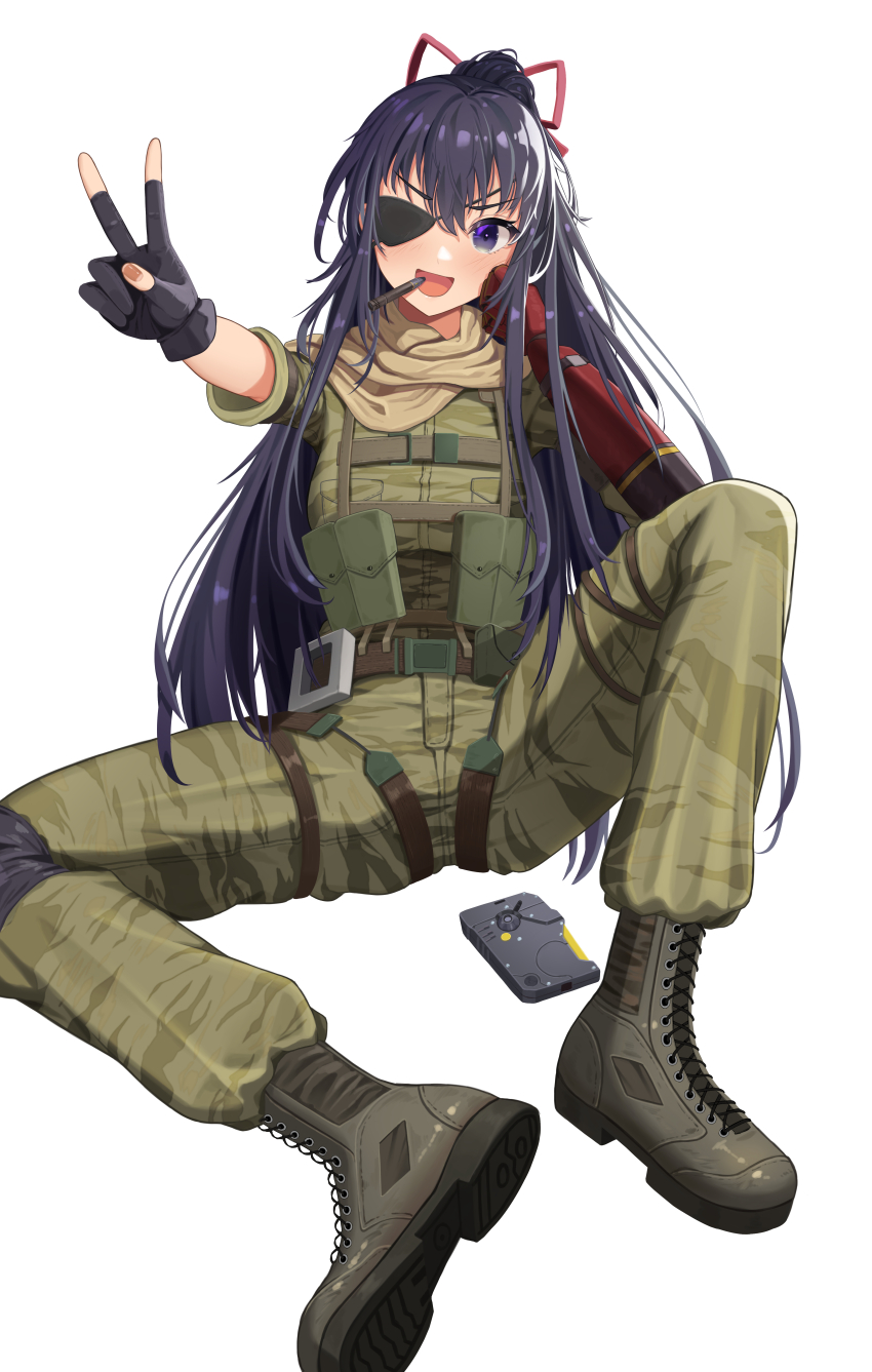 1girl absurdres bangom_r belt black_boots boots bow commission cosplay date_a_live eyepatch gloves hair_bow highres lace-up_boots long_hair mechanical_arms metal_gear_(series) metal_gear_solid_v:_the_phantom_pain military military_uniform partially_fingerless_gloves ponytail purple_eyes purple_hair simple_background solo v venom_snake venom_snake_(cosplay) white_background yatogami_tohka