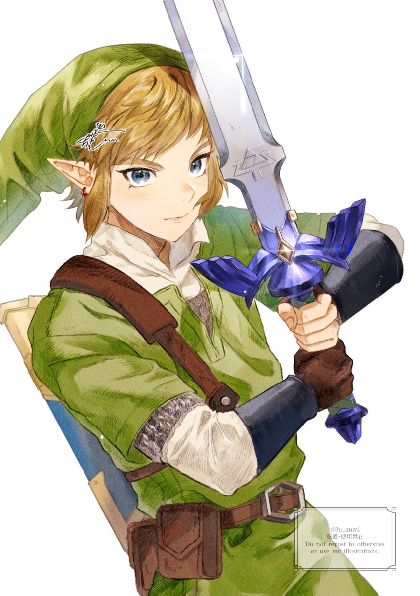 1boy ao_o81 belt blonde_hair closed_mouth commentary_request green_hat hat highres holding holding_sword holding_weapon link looking_at_viewer male_focus master_sword nintendo pointy_ears pouch solo standing sword the_legend_of_zelda the_legend_of_zelda:_ocarina_of_time watermark weapon white_background