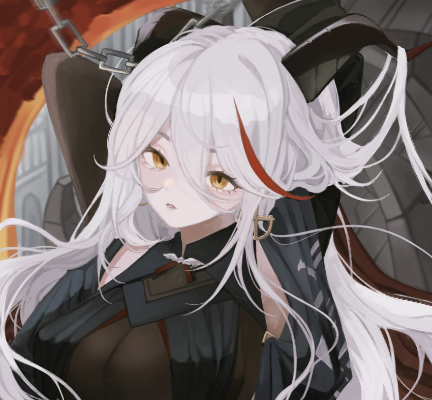 1girl aegir_(azur_lane) arms_behind_head azur_lane black_cape bodystocking breast_curtains breasts cape chain cross cross_earrings demon_girl demon_horns earrings hair_between_eyes highres horns jewelry large_breasts long_hair looking_at_viewer multicolored_hair red_hair solo streaked_hair tiatan two-tone_hair upper_body very_long_hair white_hair yellow_eyes