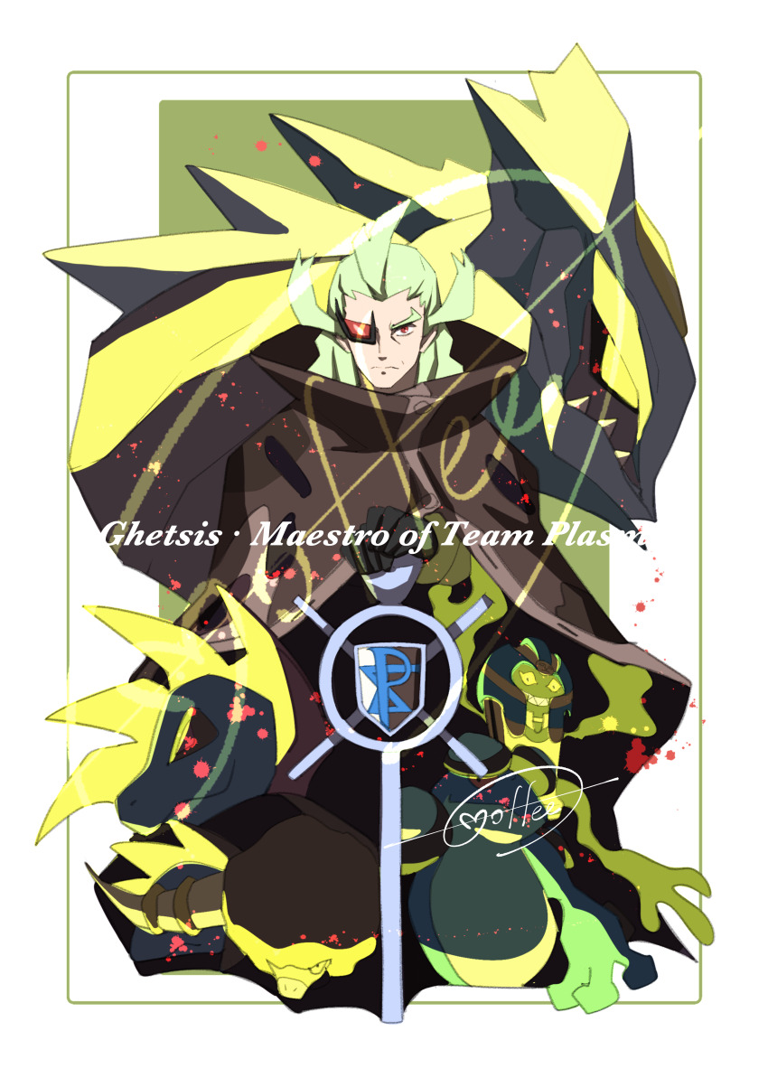 1boy absurdres ahoge black_gloves border buttons cane cccacademia character_name cloak closed_mouth cofagrigus gen_1_pokemon gen_5_pokemon ghetsis_(pokemon) gloves green_background green_hair highres holding holding_cane hydreigon kyurem legendary_pokemon long_hair looking_at_viewer male_focus mixed-language_commentary nintendo pokemon pokemon_(creature) pokemon_bw2 red_eyes seismitoad signature tauros white_border