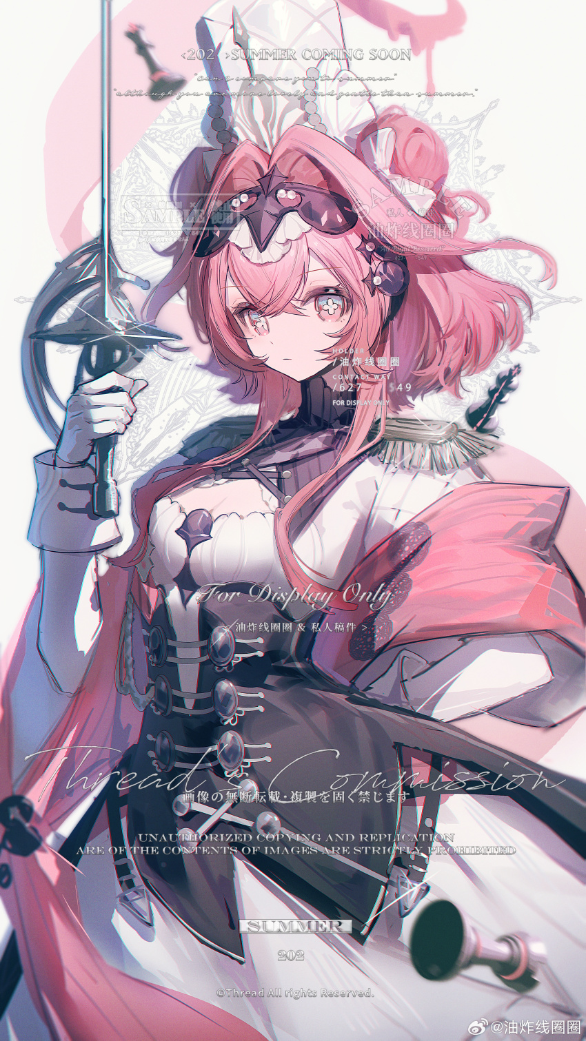 1girl absurdres breasts cowboy_shot dress english_text epaulettes gloves hair_intakes highres holding holding_sword holding_weapon long_sleeves looking_at_viewer original pink_eyes pink_hair rapier solo sword weapon white_background white_gloves youzha_xian_quanquan