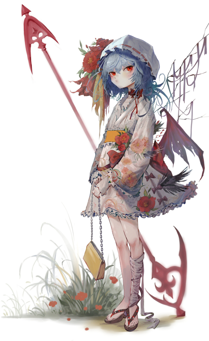 1girl :/ alternate_costume bag bandaged_leg bandages bat_wings blue_hair bow bow_choker camellia choker closed_mouth commentary expressionless floral_print floral_print_kimono flower frilled_kimono frilled_sleeves frills full_body grass hat hat_bow highres holding holding_bag japanese_clothes kimono kongaru_123 leaf low_wings medium_hair mob_cap obi okobo platform_sandals print_kimono red_choker red_eyes red_flower red_nails red_ribbon red_wings remilia_scarlet ribbon sandals sash short_kimono simple_background single_bare_leg solo spear_the_gungnir standing touhou white_background white_hat wings yellow_bag