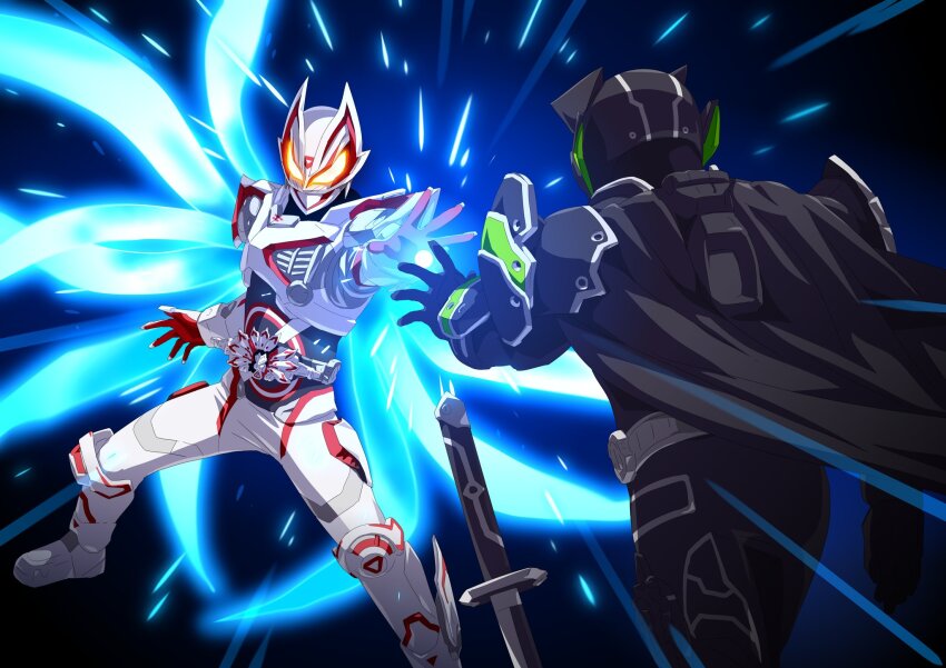 2boys animal_ears armor black_armor black_background black_bodysuit bodysuit boost_mark_ix_buckle bujinsword_buckle cape commentary desire_driver disarming rider_belt energy_ball extra_tails faceoff fox_mask from_side geats_buster_qb9 glowing glowing_eyes helmet highres holding holding_sword holding_weapon kamen_rider kamen_rider_geats kamen_rider_geats_(series) kamen_rider_geats_ix kamen_rider_tycoon kamen_rider_tycoon_bujinsword light_particles male_focus mask multiple_boys neon_trim night orb otokamu power_armor raccoon_ears red_eyes rider_belt signature sword sword_clash tokusatsu weapon yellow_eyes