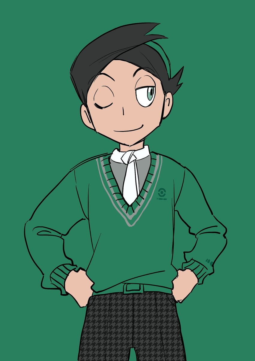 1boy ;) alternate_costume black_hair closed_mouth commentary cowboy_shot elizabeth_(tomas21) green_background green_eyes green_sweater grey_shirt hands_on_own_hips highres long_sleeves male_focus necktie nintendo one_eye_closed pants poke_ball_print pokemon pokemon_dppt pokemon_platinum shirt short_hair sideways_glance simple_background smile solo sweater thorton_(pokemon) white_necktie