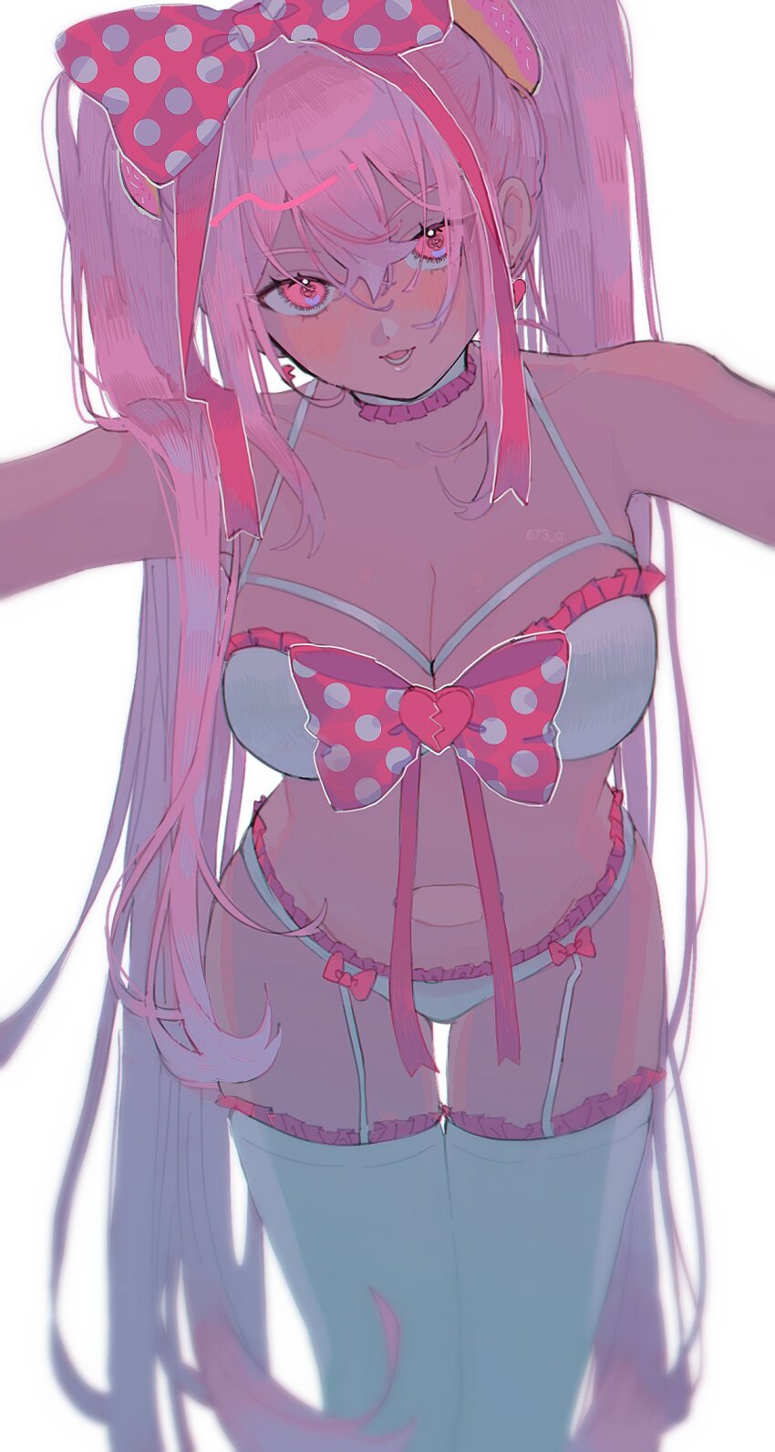 1girl 673_q blush bow bra breasts cleavage collarbone cowboy_shot dark-skinned_female dark_skin garter_belt hair_bow highres large_breasts long_hair looking_at_viewer lower_teeth_only official_alternate_costume omori open_mouth panties pink_bow pink_eyes pink_hair polka_dot polka_dot_bow simple_background smile solo sweetheart_(omori) teeth thighhighs twintails underwear white_background white_bra white_panties white_thighhighs