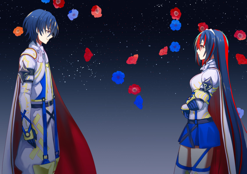 1boy 1girl alear_(female)_(fire_emblem) alear_(fire_emblem) alear_(male)_(fire_emblem) blue_eyes blue_hair breasts crossed_bangs fire_emblem fire_emblem_engage long_hair looking_at_another medium_breasts multicolored_hair nintendo red_eyes red_hair shoochiku_bai split-color_hair two-tone_hair very_long_hair