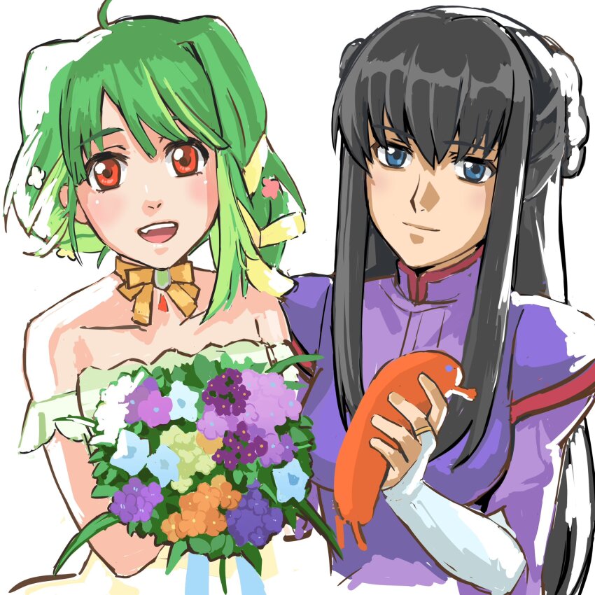 2girls arm_strap black_hair blue_eyes bouquet bow bow_choker breasts choker commission crossover dress flower green_dress green_hair gundam gundam_00 highres holding holding_bouquet long_hair looking_at_viewer macross macross_frontier marina_ismail medium_breasts multiple_girls nekkikamille oosanshouuo-san orange_eyes purple_dress ranka_lee short_hair smile strapless strapless_dress white_background yellow_bow yellow_choker