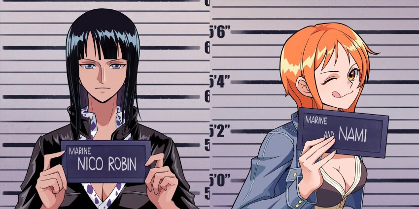 1girl ;p barbie_(franchise) barbie_(live_action) barbie_mugshot_(meme) black_dress black_hair blue_eyes blunt_bangs breasts character_name cleavage closed_mouth collared_shirt cropped_jacket denim denim_jacket dress hashtag-only_commentary height_chart highres holding jacket leather_dress light_smile looking_at_viewer medium_hair meme miuny mugshot nami_(one_piece) nami_(one_piece)_(enies_lobby) nico_robin nico_robin_(water_7) official_alternate_costume one_eye_closed one_piece orange_eyes orange_hair shirt short_hair single_sidelock solo tongue tongue_out upper_body